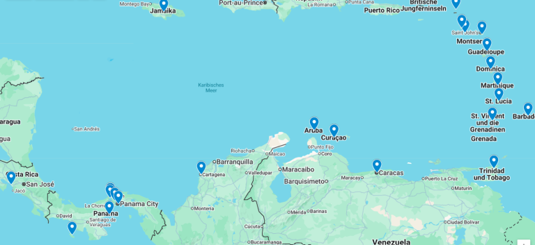 Karte mit markierten Standorten in Mittelamerika und der Karibik.