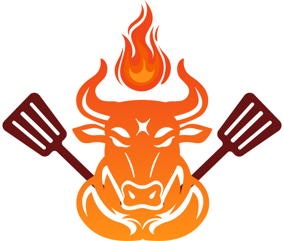 Ein bullenkopf mit Flamme, umgeben von zwei Grillwenden.