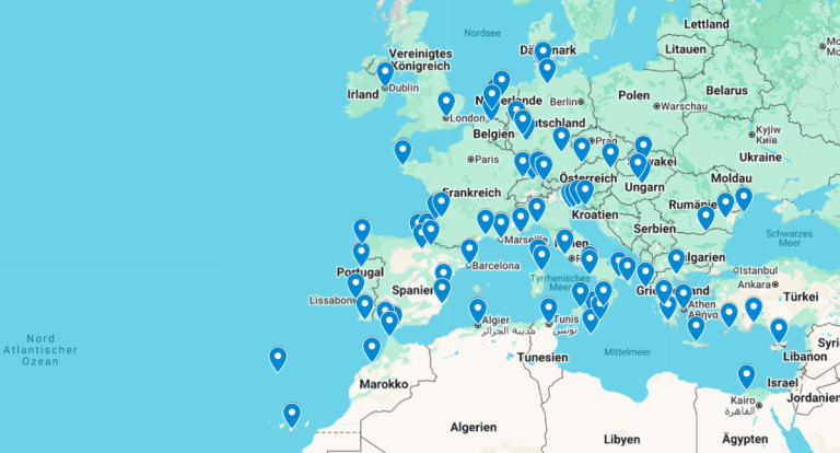 Karte von Europa mit markierten Standorten in verschiedenen Städten.